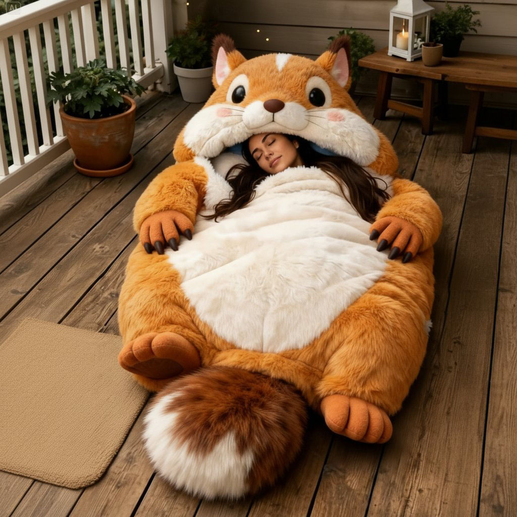 Playful Oversized Squirrel Character Warm Fleece Wearable Sleeping Bag