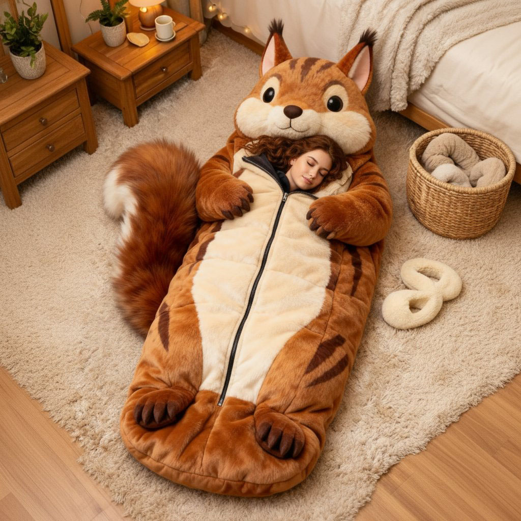 Playful Oversized Squirrel Character Warm Fleece Wearable Sleeping Bag