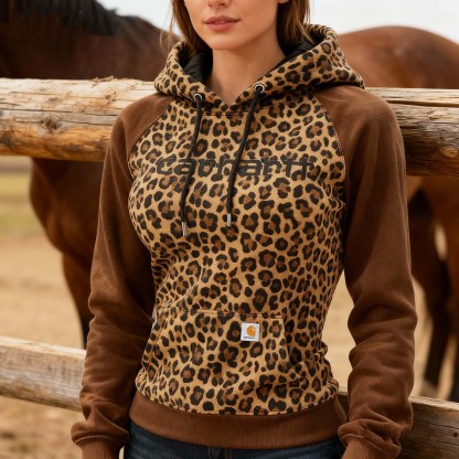 Leopard Print Chest Contrast Sleeve Hoodie