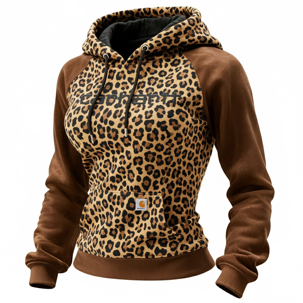 Leopard Print Chest Contrast Sleeve Hoodie