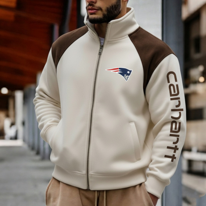 New England Patriots Retro Hoodie With Color Block Suede Stand Collar, Warm Jacket