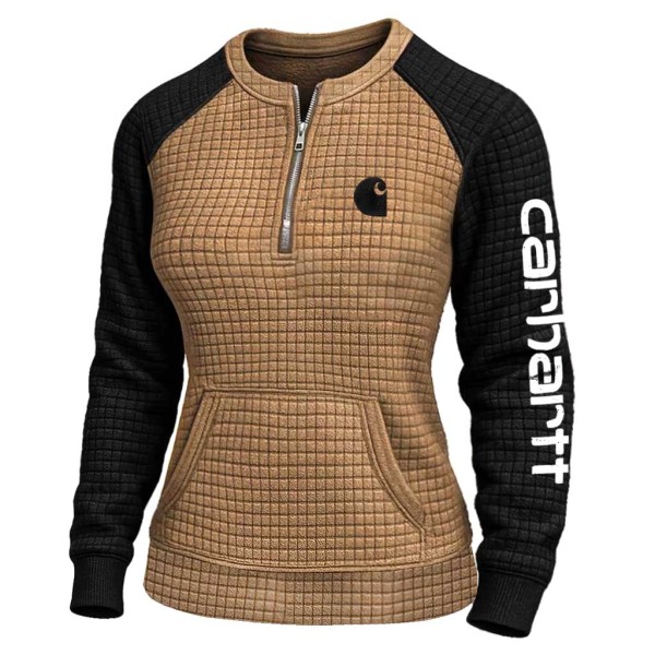 Women's Vintage Embroidered Quilted Waffle Raglan Sleeve Contrast Quarter-Zip Henley Sweatshirt