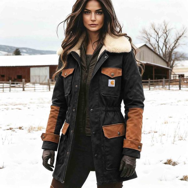 Women's Vintage Black and Brown Contrast Fleece Lapel Collar Mid-Length Shearling Jacket