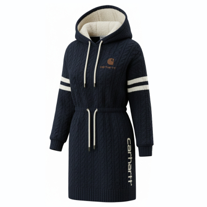 Sporty Academic Cable Knit Sherpa Lined Hooded Sweater Dress