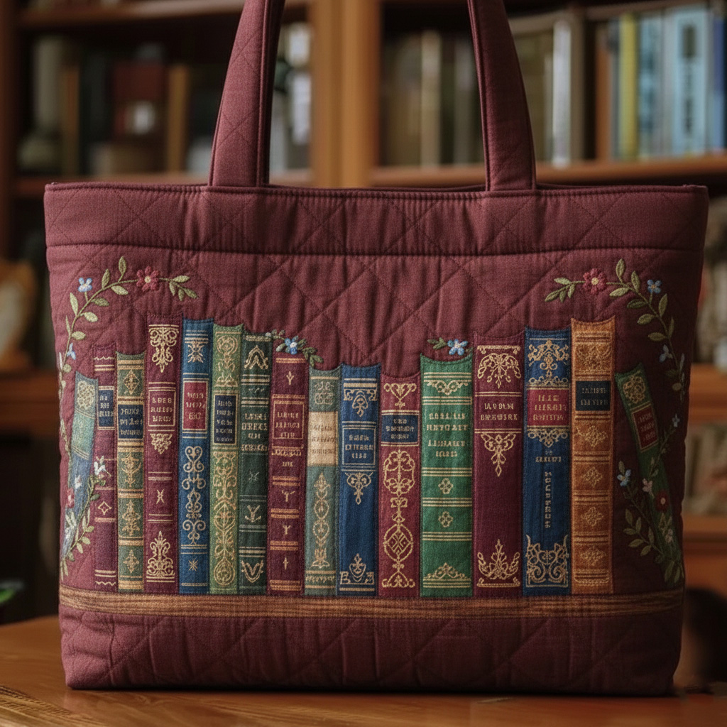 Literary Retro Library Bookcase Pattern Quilted Cotton Tote Bag