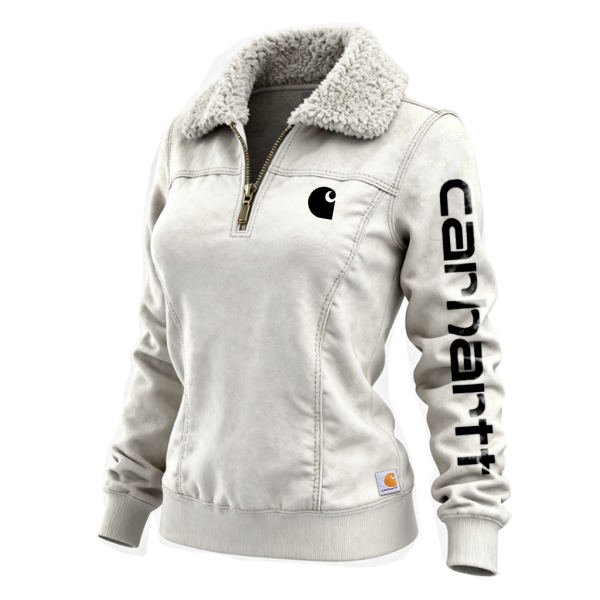 Women's Winter Sweatshirt Jacket with Faux Fur Collar and Vertical Logo Sleeve Design