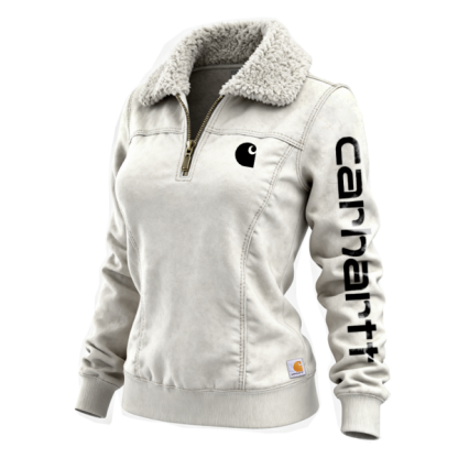 Women's Winter Sweatshirt Jacket with Faux Fur Collar and Vertical Logo Sleeve Design