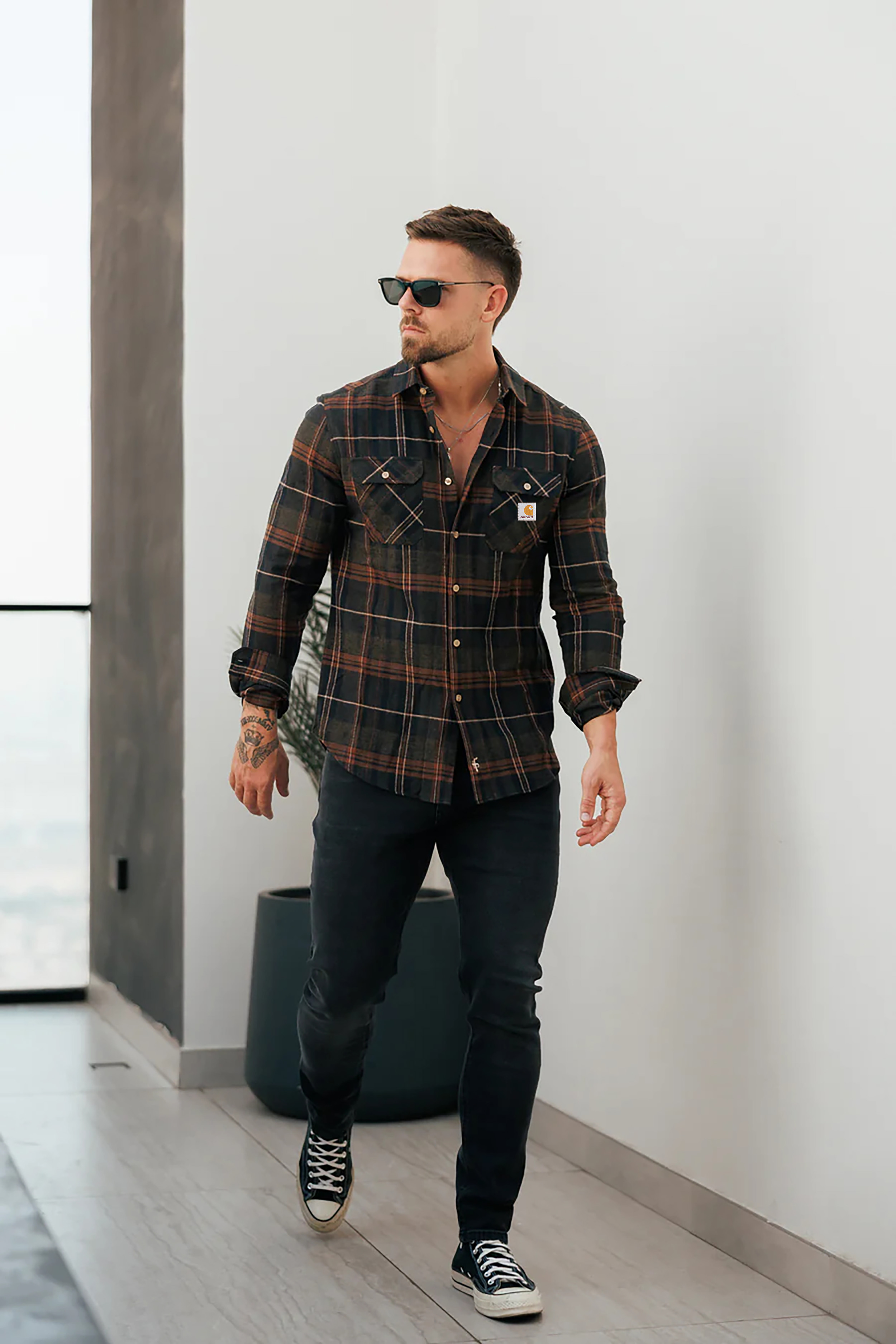 Casual Dark Tone Flannel Tartan Check Long Sleeve Shirt