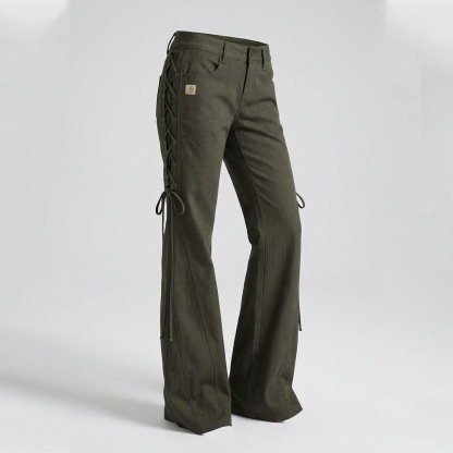 Military edgy side lace up high waist flared denim pants