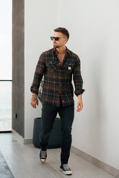 Casual Dark Tone Flannel Tartan Check Long Sleeve Shirt