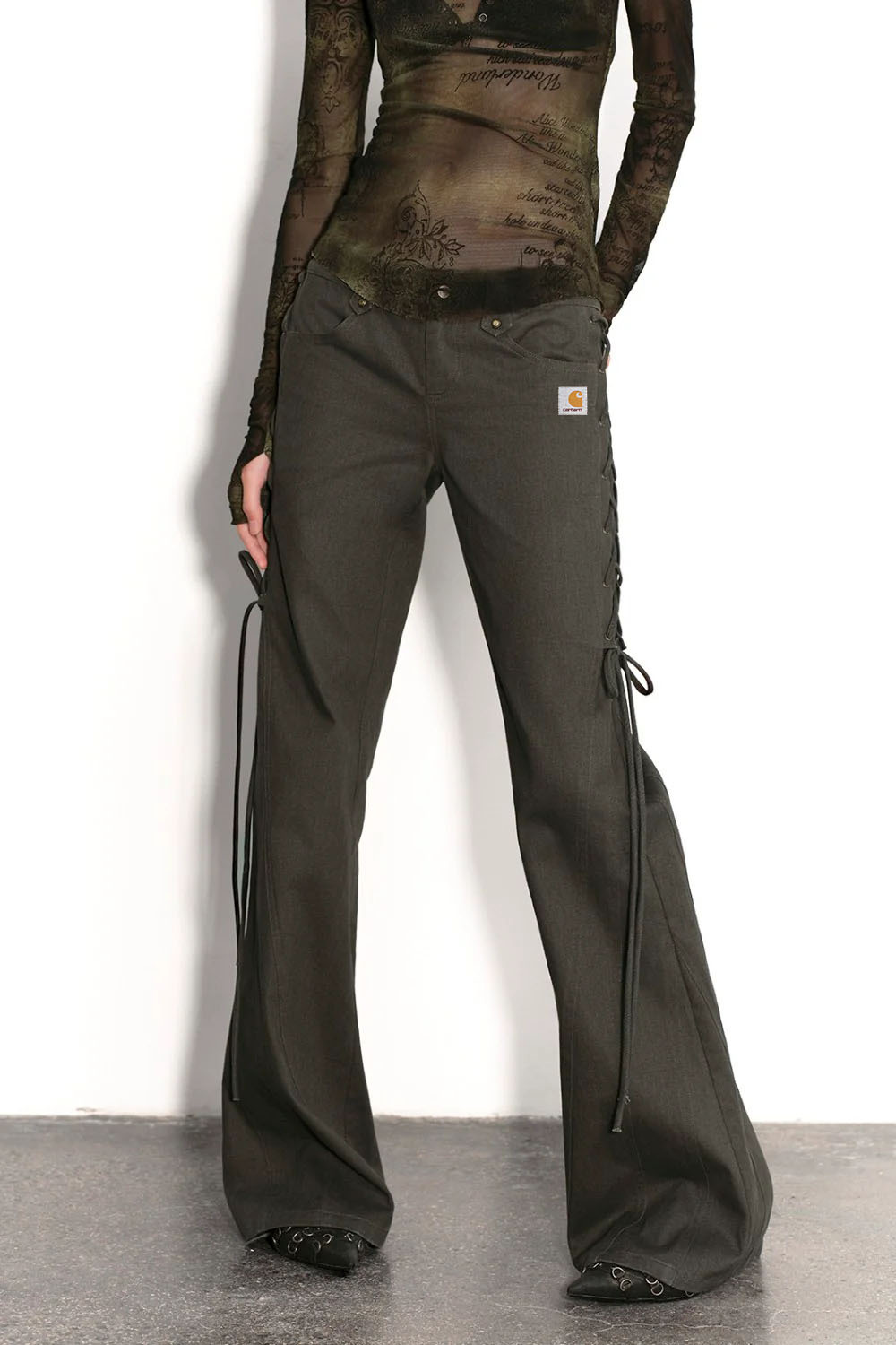 Military edgy side lace up high waist flared denim pants