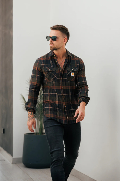 Casual Dark Tone Flannel Tartan Check Long Sleeve Shirt