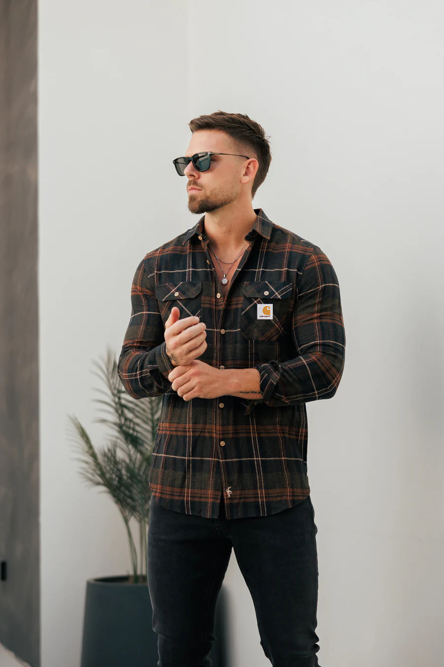 Casual Dark Tone Flannel Tartan Check Long Sleeve Shirt