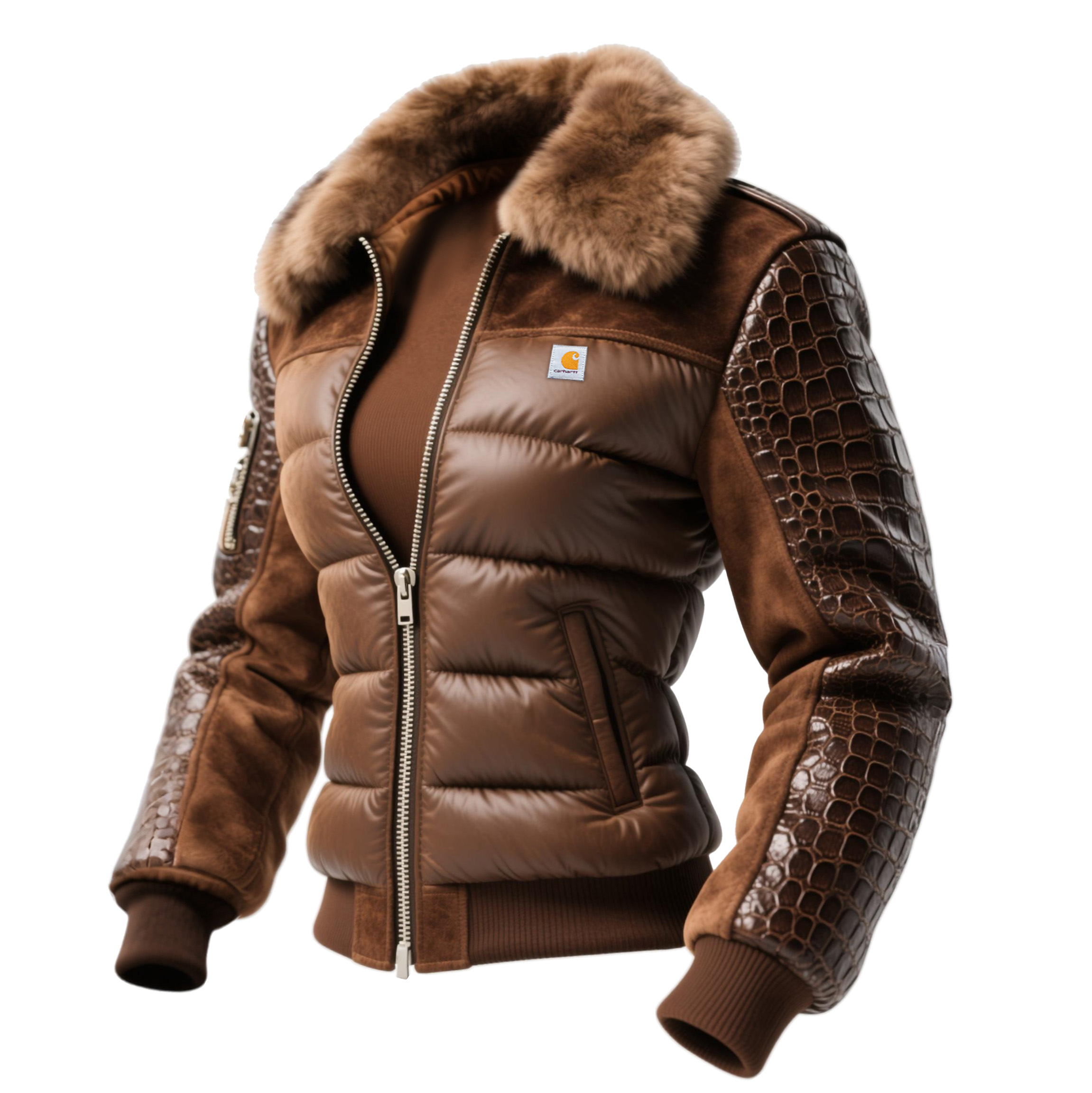 Vintage Women's Crocodile-embossed Leather Patchwork Fur Collar Lapel Coat