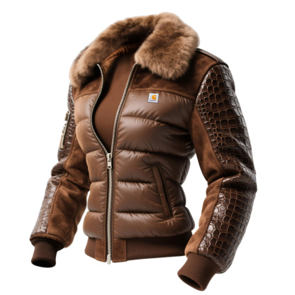 Vintage Women's Crocodile-embossed Leather Patchwork Fur Collar Lapel Coat