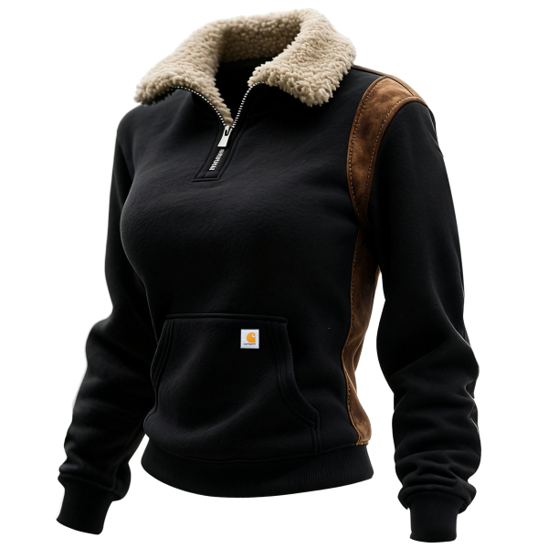Retro Western Style Women's Contrast Color Stitching 1/4 Zip Stand Collar Sweatshirt