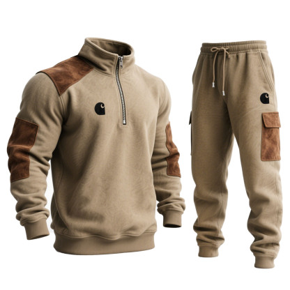 Men's Vintage Embroidered Khaki Brown Suede Quarter Zip Stand Collar Sweatshirt And Sweatpants Jogger Set
