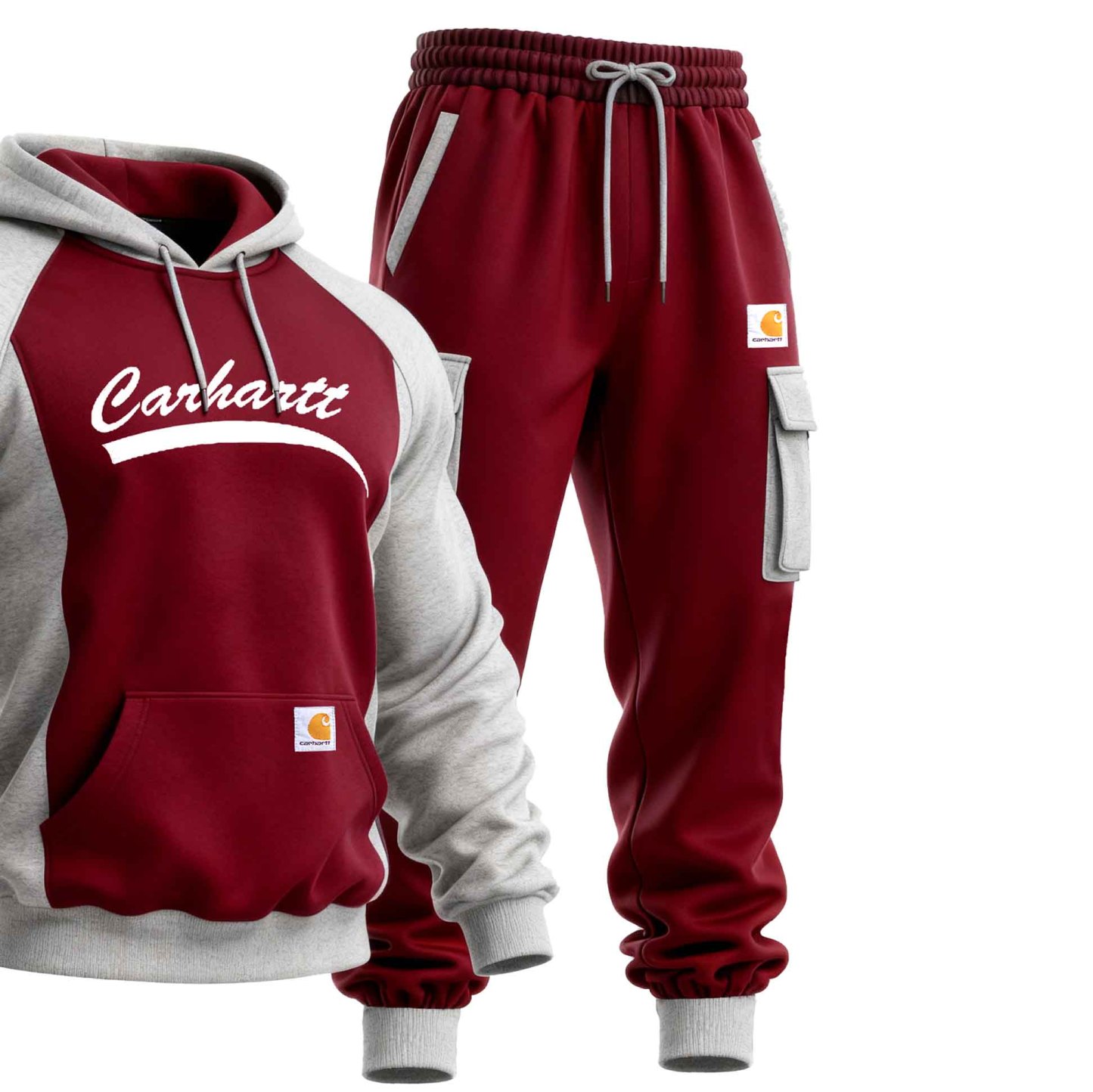Men's Vintage Burgundy And Gray Pocket Hoodie And Sweatpants Jogger Set