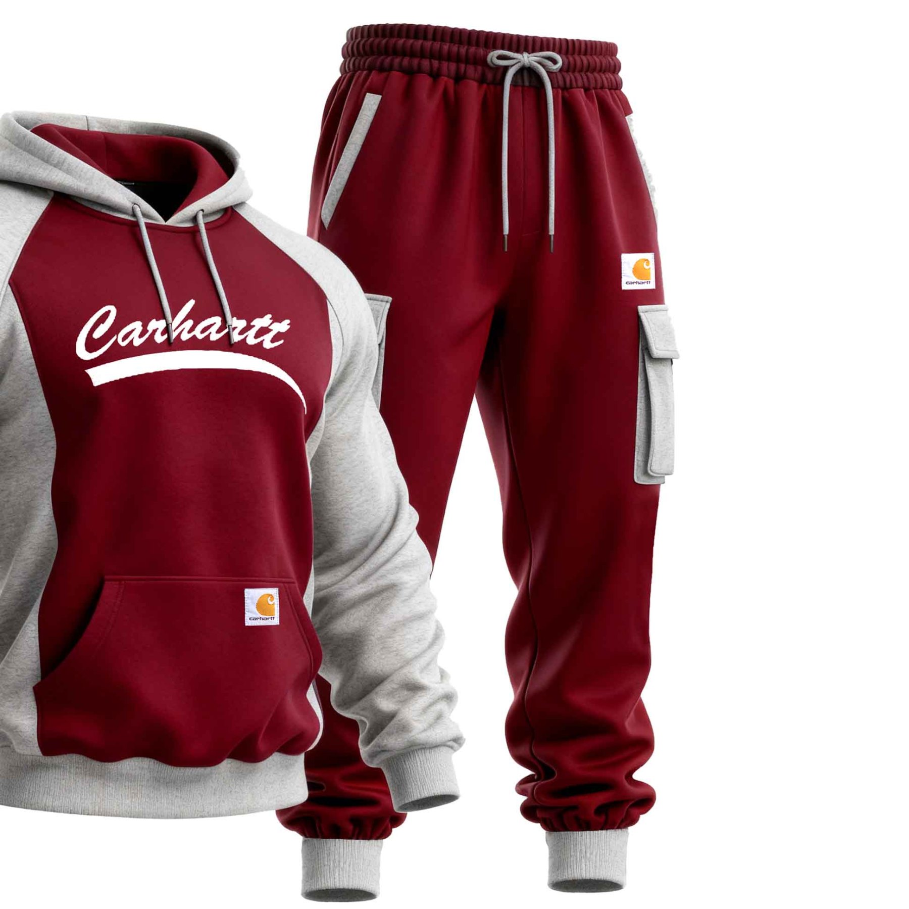 Men's Vintage Burgundy And Gray Pocket Hoodie And Sweatpants Jogger Set