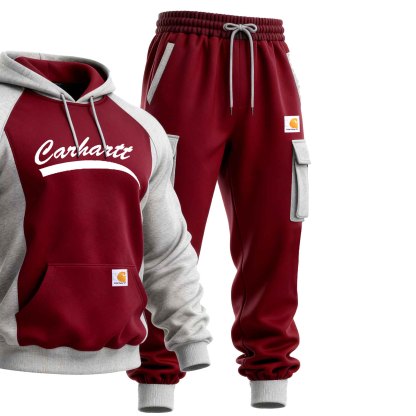 Men's Vintage Burgundy And Gray Pocket Hoodie And Sweatpants Jogger Set