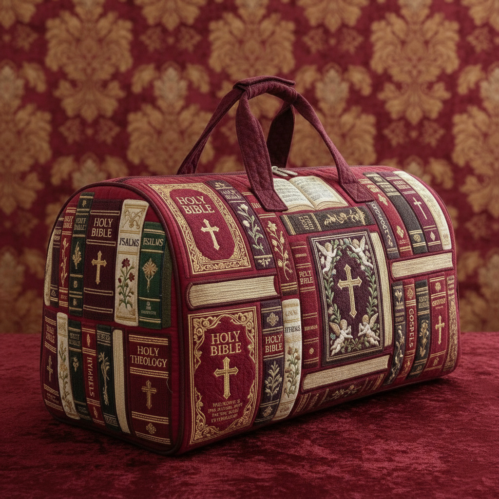 Dark Academia Vintage Holy Bible Print Quilted Boston Bag