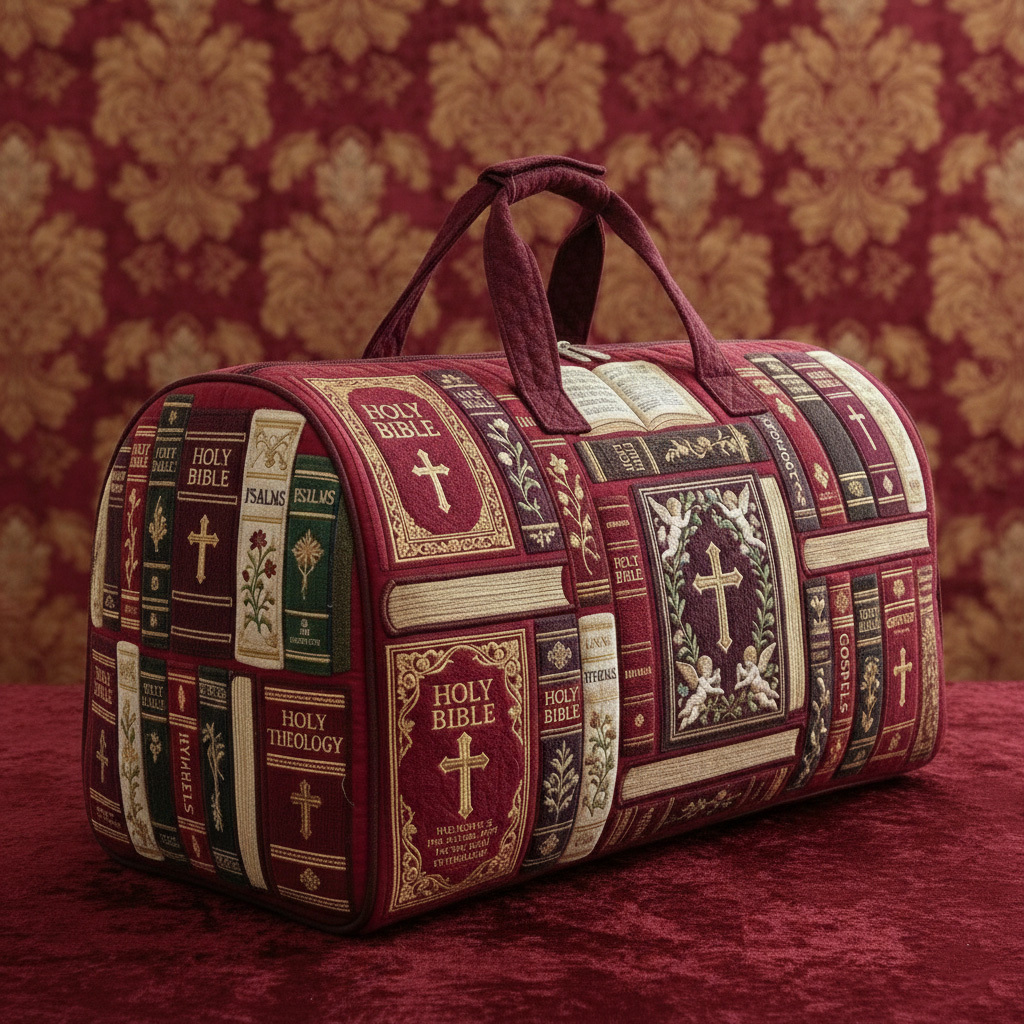 Dark Academia Vintage Holy Bible Print Quilted Boston Bag