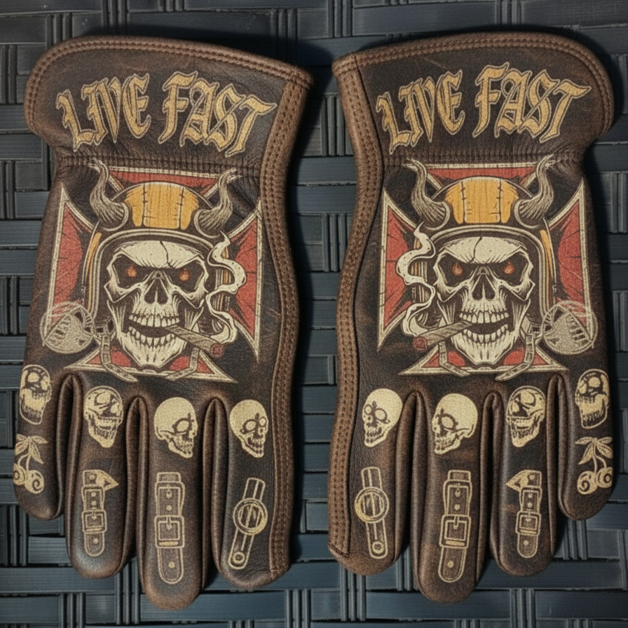 Punk Rock Style Distressed Leather Horned Skull Gloves