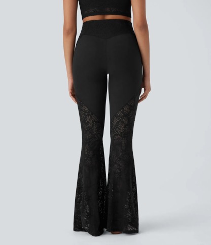 Fashion athleisure lace insert high-waist flared leggings