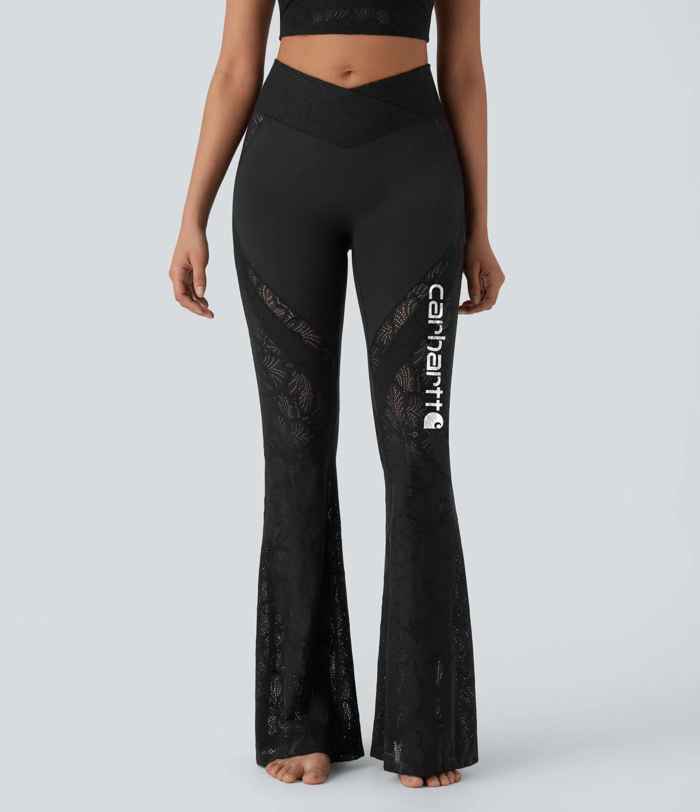 Fashion athleisure lace insert high-waist flared leggings