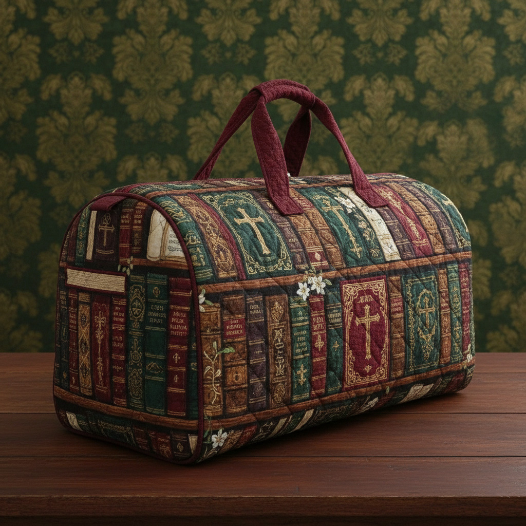 Vintage Religious Library Quilted Fabric Large Travel Duffle Bag