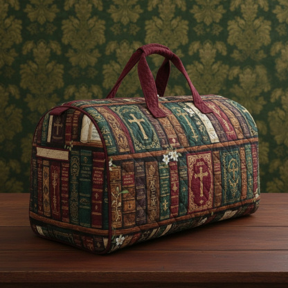 Vintage Religious Library Quilted Fabric Large Travel Duffle Bag