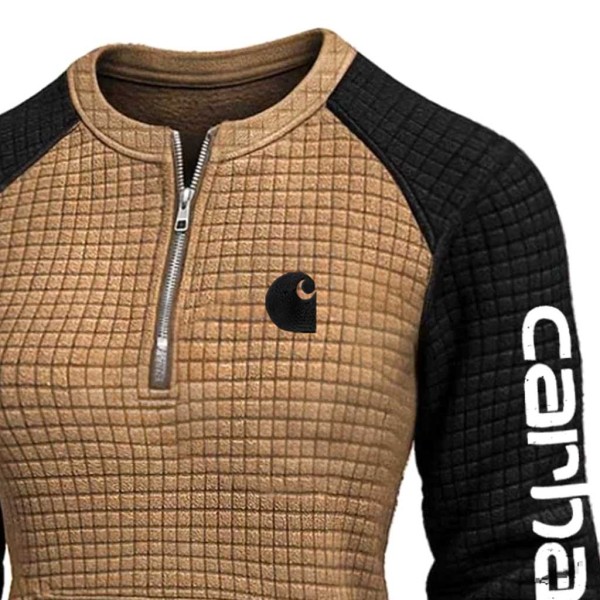 Women's Vintage Embroidered Quilted Waffle Raglan Sleeve Contrast Quarter-Zip Henley Sweatshirt