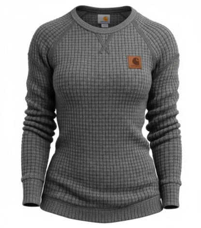 Women's Vintage Black Waffle Knit Crewneck Long Sleeve Sweatshirt