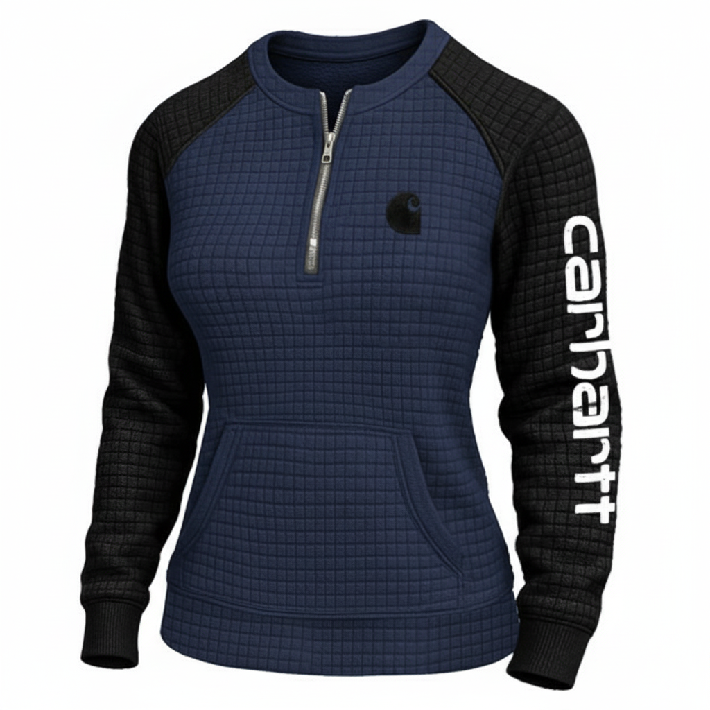 Women's Vintage Embroidered Quilted Waffle Raglan Sleeve Contrast Quarter-Zip Henley Sweatshirt