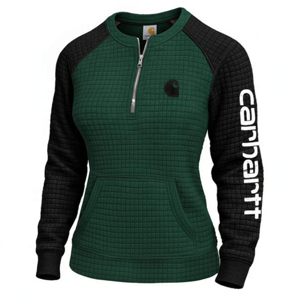 Women's Vintage Embroidered Quilted Waffle Raglan Sleeve Contrast Quarter-Zip Henley Sweatshirt