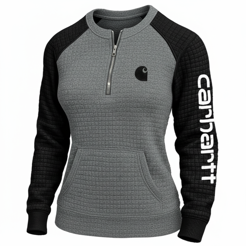 Women's Vintage Embroidered Quilted Waffle Raglan Sleeve Contrast Quarter-Zip Henley Sweatshirt