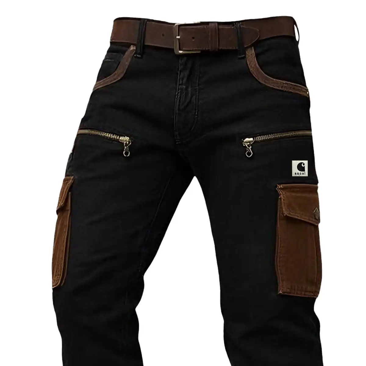 Rugged Gothic Black Canvas Zipper Detail Patchwork Workwear Cargo Pants