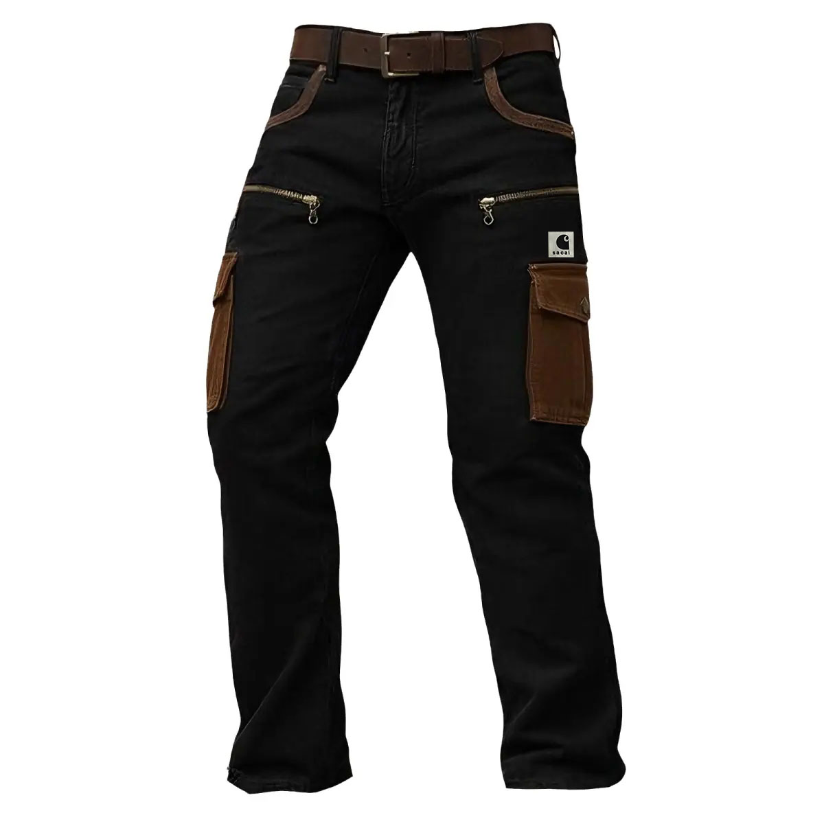 Rugged Gothic Black Canvas Zipper Detail Patchwork Workwear Cargo Pants