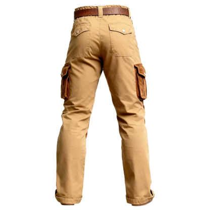 Vintage Rugged Khaki Multi-Pocket Suede Patchwork Workwear Cargo Pants