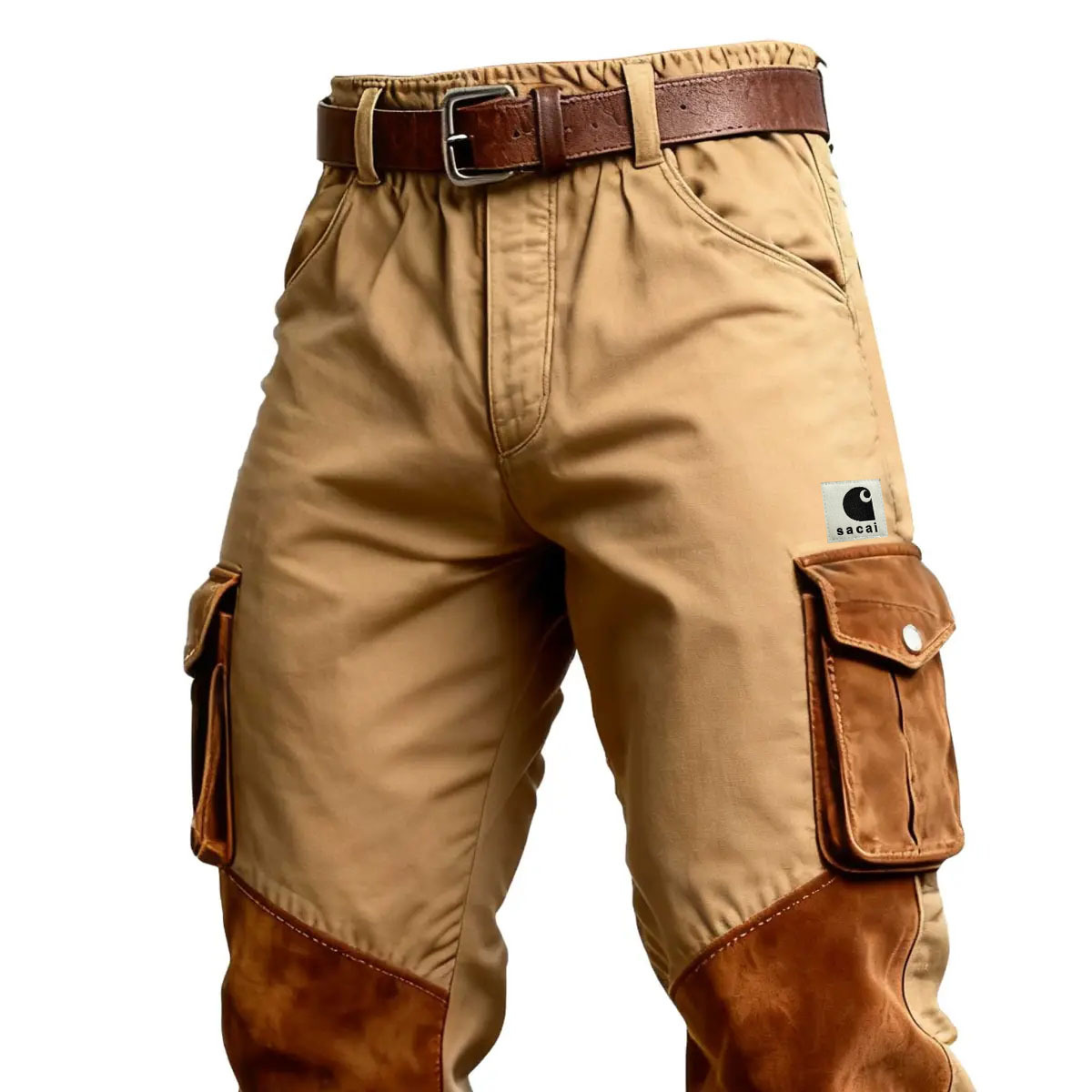 Vintage Rugged Khaki Multi-Pocket Suede Patchwork Workwear Cargo Pants