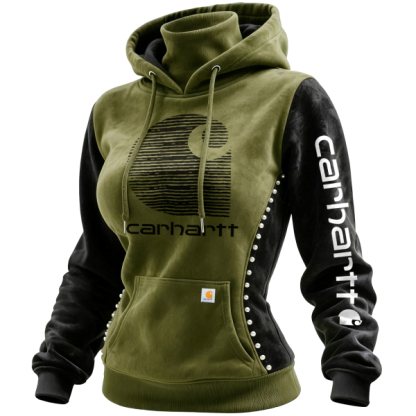 Women's Retro Western Suede Hooded Sweatshirt Turtleneck Contrast Color Stitching Beaded Sweatshirt