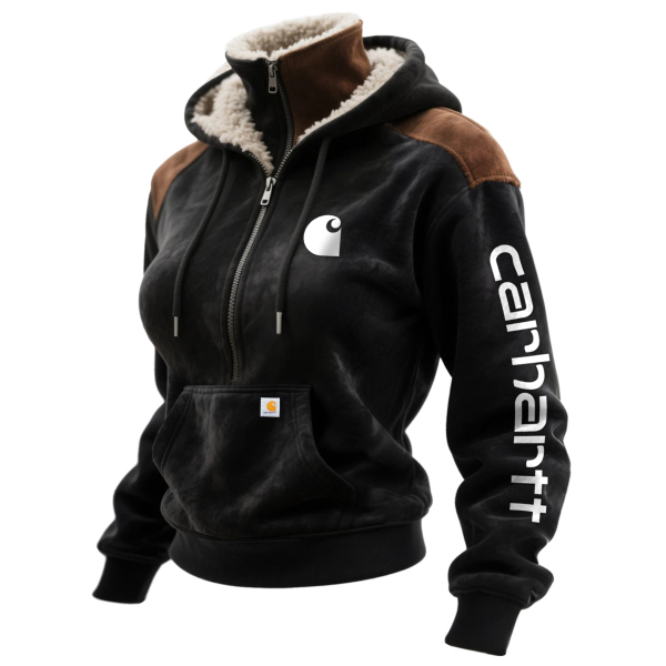 Retro Western Style Women's Contrast Color Panel Suede Hooded Sweatshi