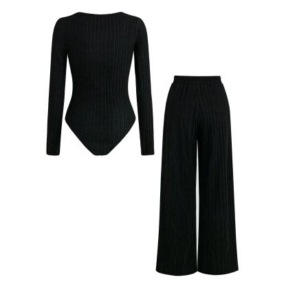 Cozy Ribbed Knit Bodysuit And Wide-Leg Pants Set