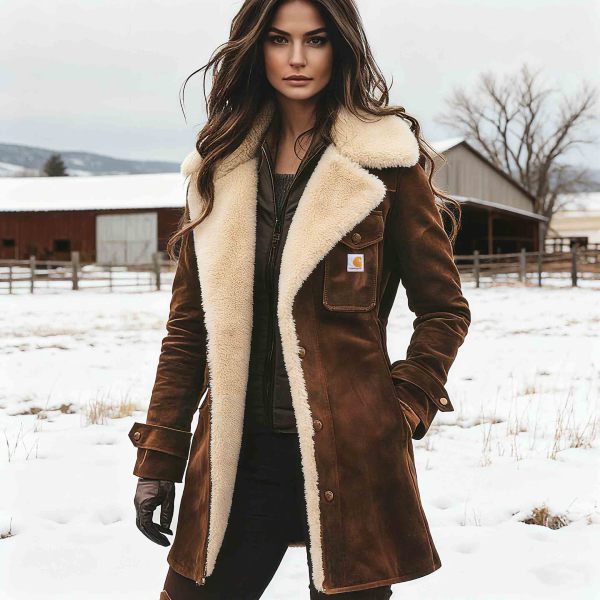 Women's Vintage Brown Suede Fleece Lapel Collar Mid-Length Shearling Coat Jacket