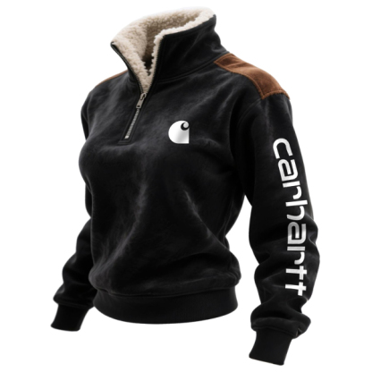 Retro Western Style Women's Contrast Color Patch Suede 1/4 Zip Stand Collar Sweatshirt