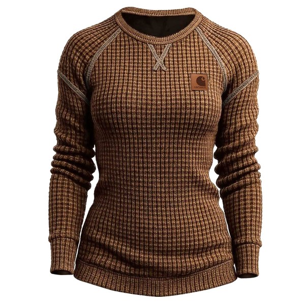 Women's Vintage Black Waffle Knit Crewneck Long Sleeve Sweatshirt