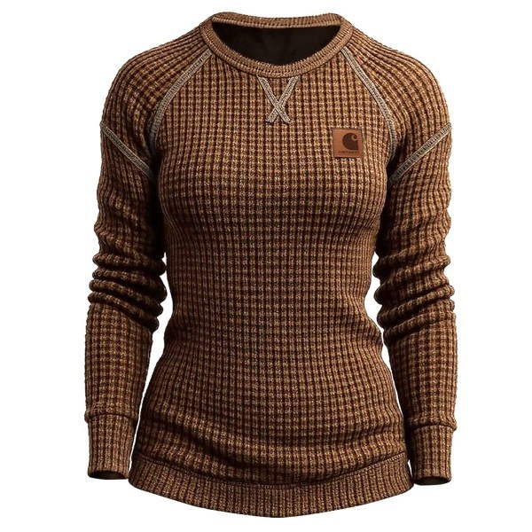 Women's Vintage Black Waffle Knit Crewneck Long Sleeve Sweatshirt