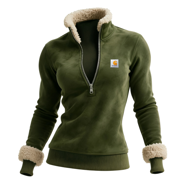 Retro Western Style Women's Suede Contrast Color Stitching 1/4 Zip Stand Collar Sweatshirt