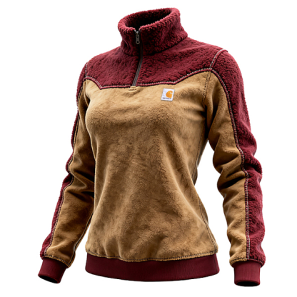 Women's Warm and Cozy Brown and Red Fleece Pullover Sweater Jacket