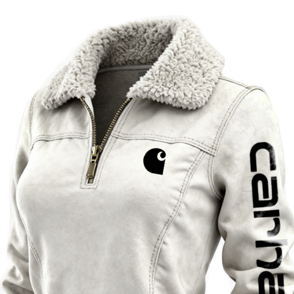 Women's Winter Sweatshirt Jacket with Faux Fur Collar and Vertical Logo Sleeve Design